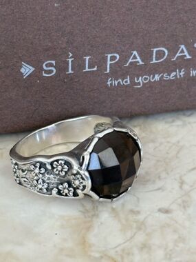 Retired Vintage Silpada Smoky Topaz Ring | Sterling Silver 925 | Floral Band